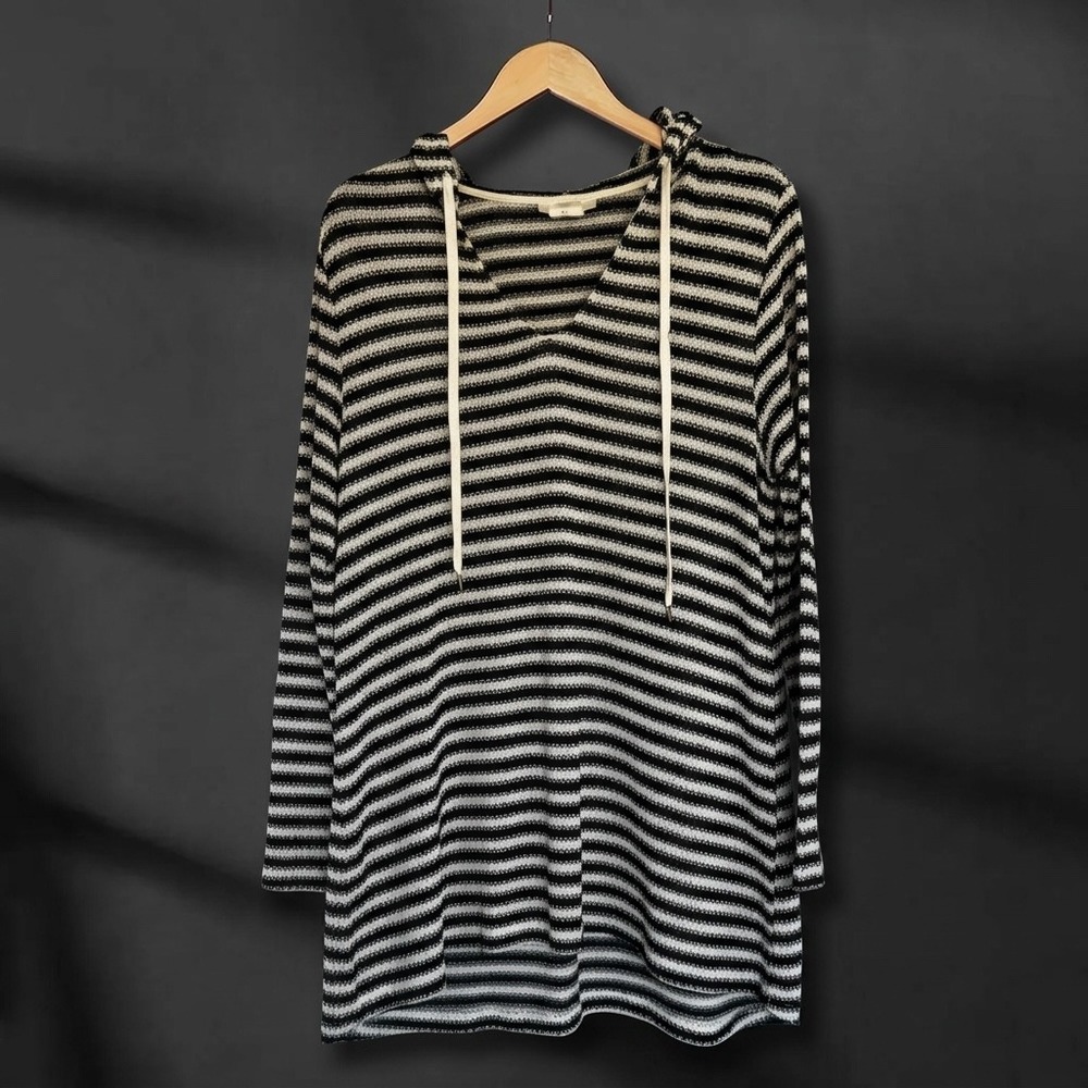 La Blanca Women Black White Striped Knit Hoodie Beach Cover Up Tunic Large Pool - Picture 1 of 6